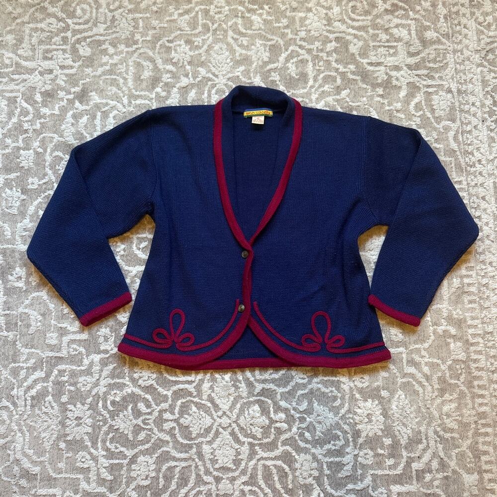 VTG Bryn‎ Connelly blue red embroidered design button cardigan sweater SIZE S